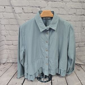 Eleven Stitch Design Light Blue Boxy Button Down Shirt with Ruffled Hem